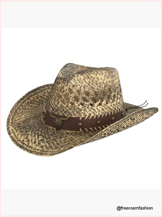 Straw Cowgirl Hat Woven Hollow Out Wide Brim Sun Hat with Chin Strap Cooplus Straw Cowboy Hat for Women, Adjustable Chin Strap  main image 3